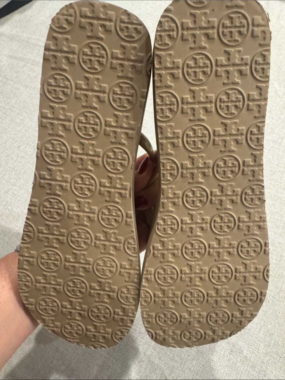 Tory Burch Taupe and Gold Logo Flip Flop Mini Wedge Sandals Size 7 - Picture 6 of 8